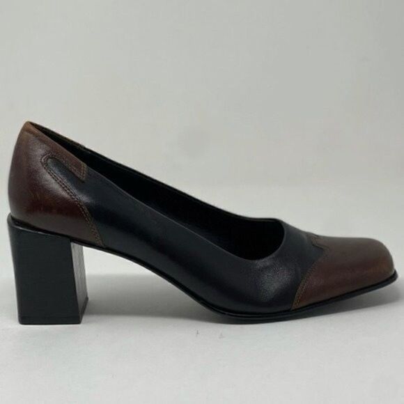 Etienne Aigner Gaze leather heels 7.5M BoxN  color block black brown square toe - Picture 2 of 8